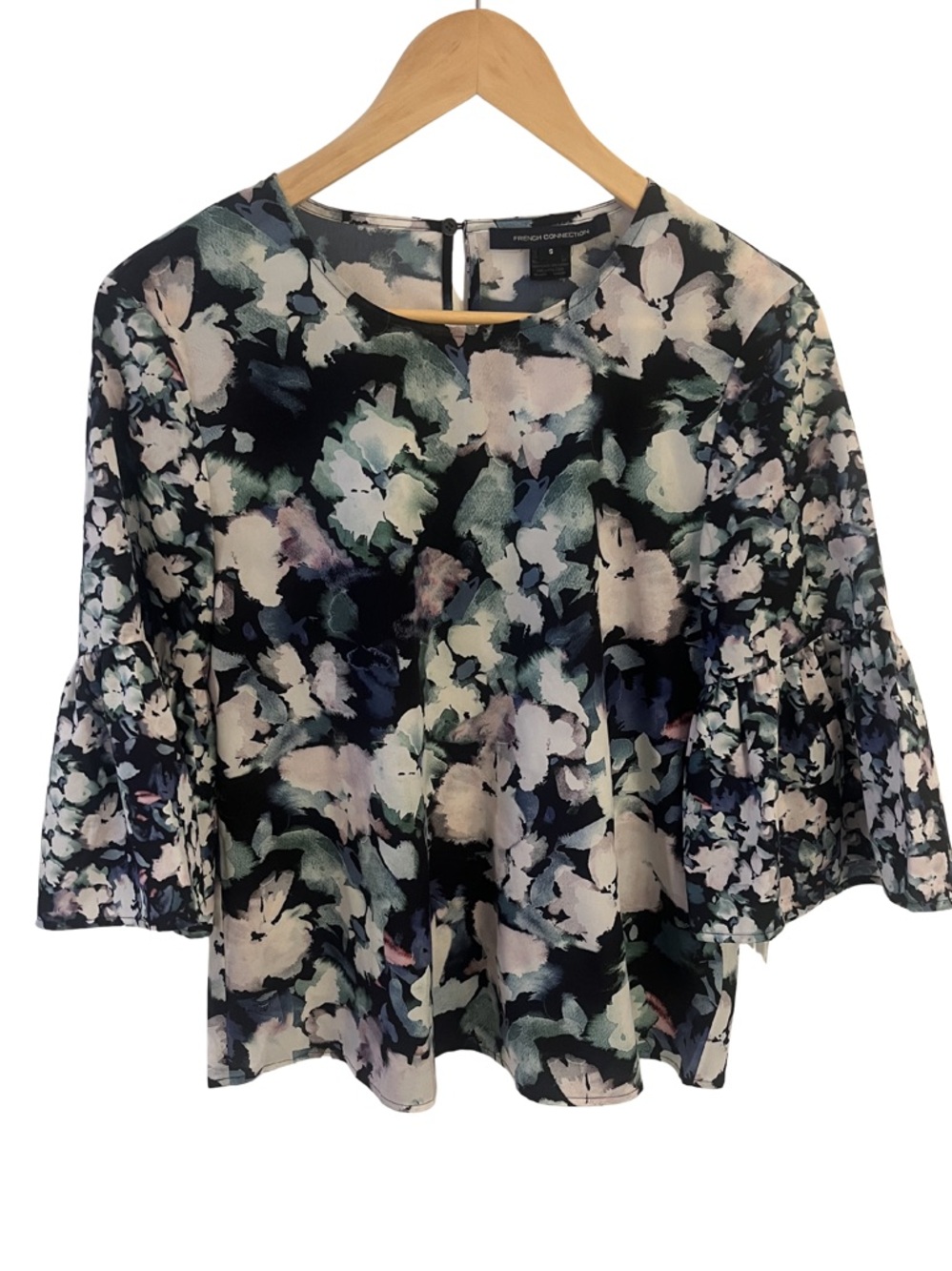 French Connection Navy Floral Watercolor Blouse with Bell Sleeve | Size Small